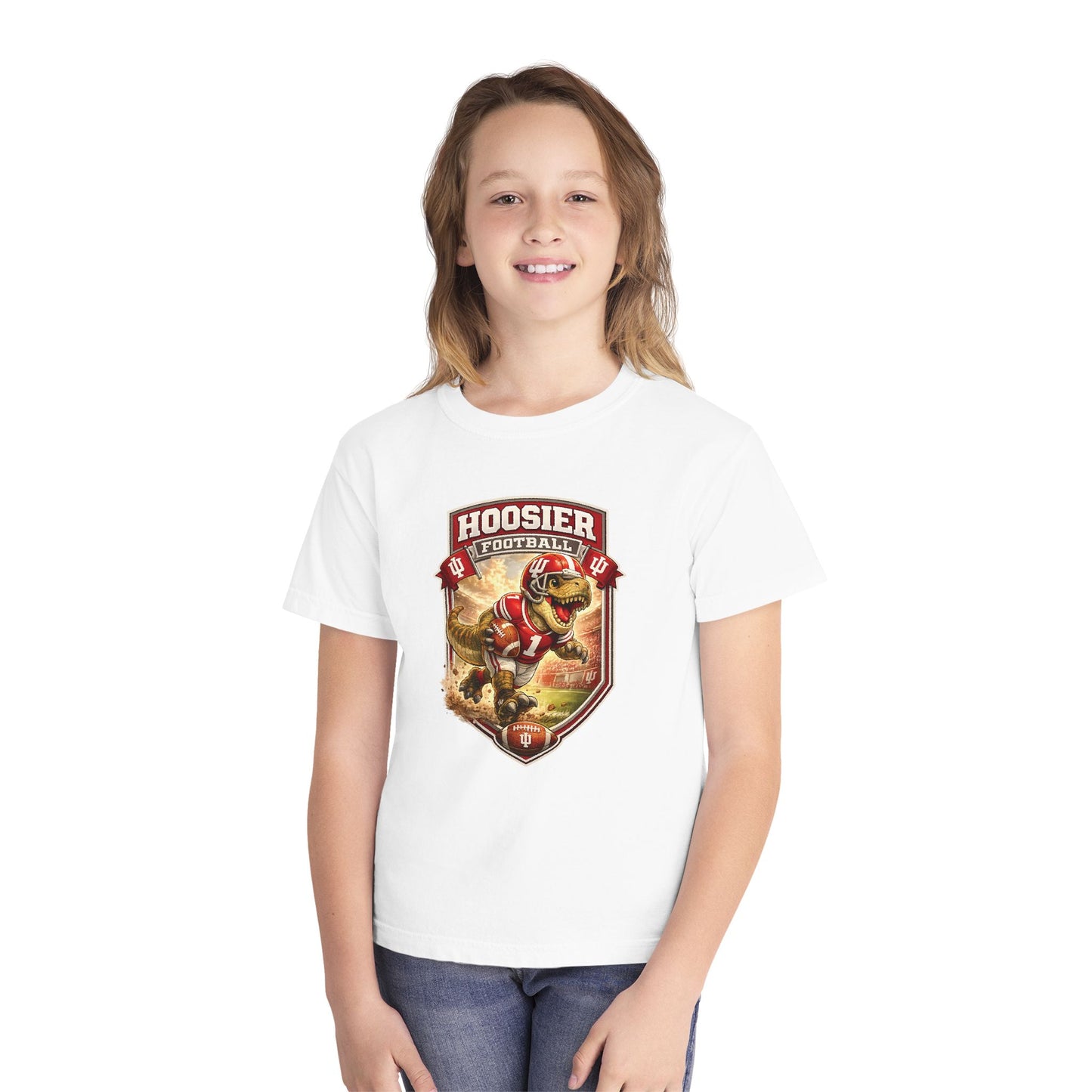 Youth Hoosier Football T‑Shirt — Dinosaur Mascot Game Day Tee