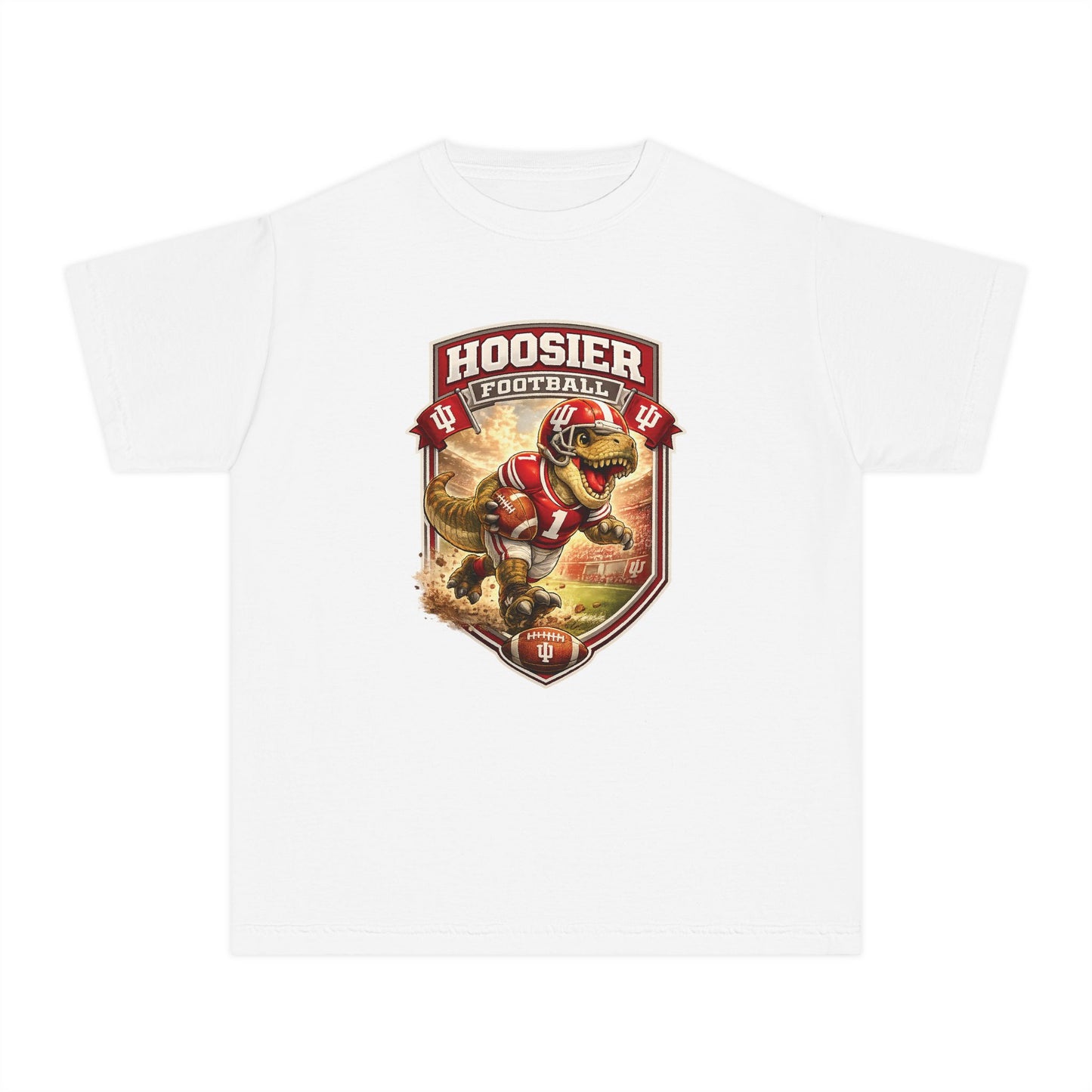 Youth Hoosier Football T‑Shirt — Dinosaur Mascot Game Day Tee