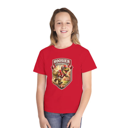 Youth Hoosier Football T‑Shirt — Dinosaur Mascot Game Day Tee