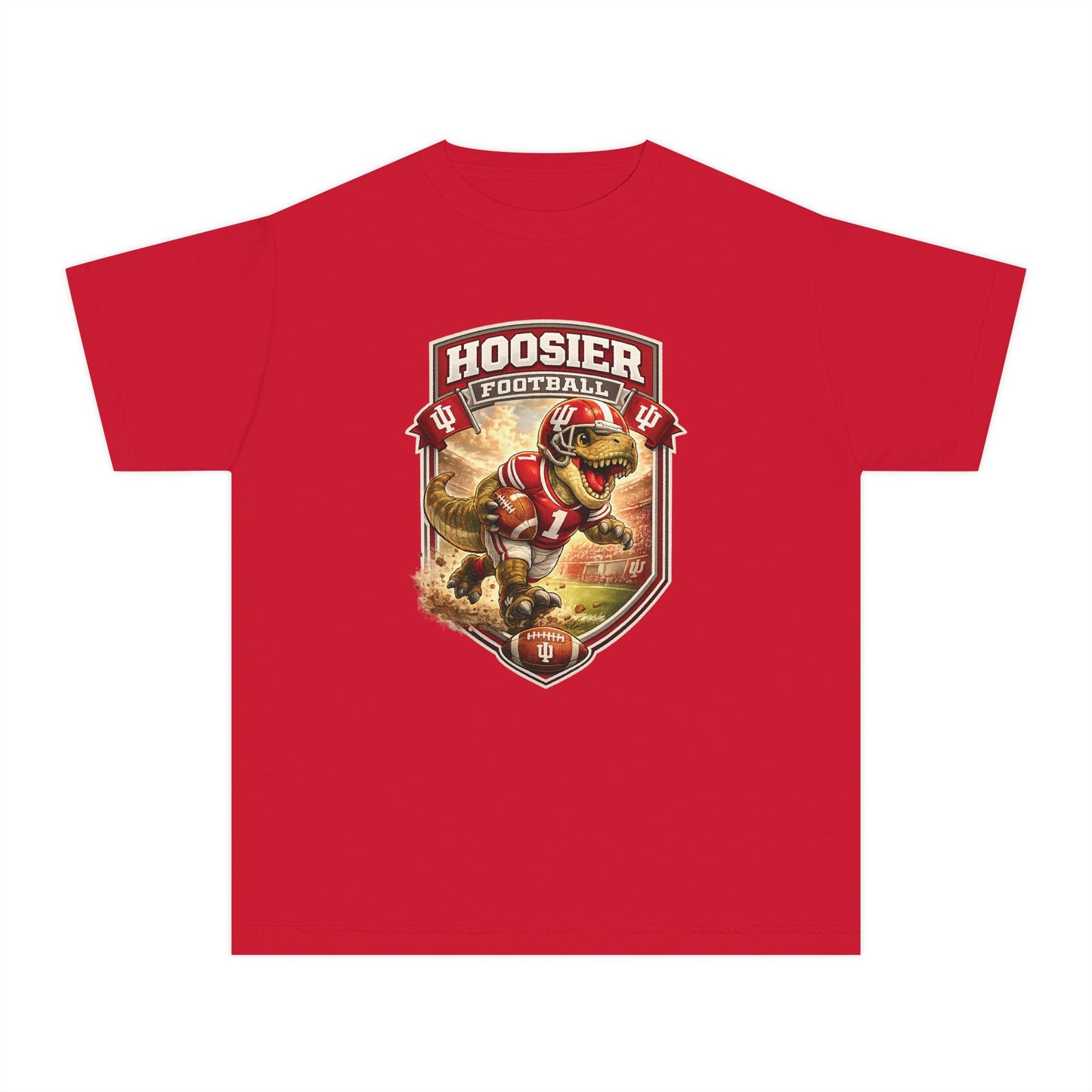 Youth Hoosier Football T‑Shirt — Dinosaur Mascot Game Day Tee